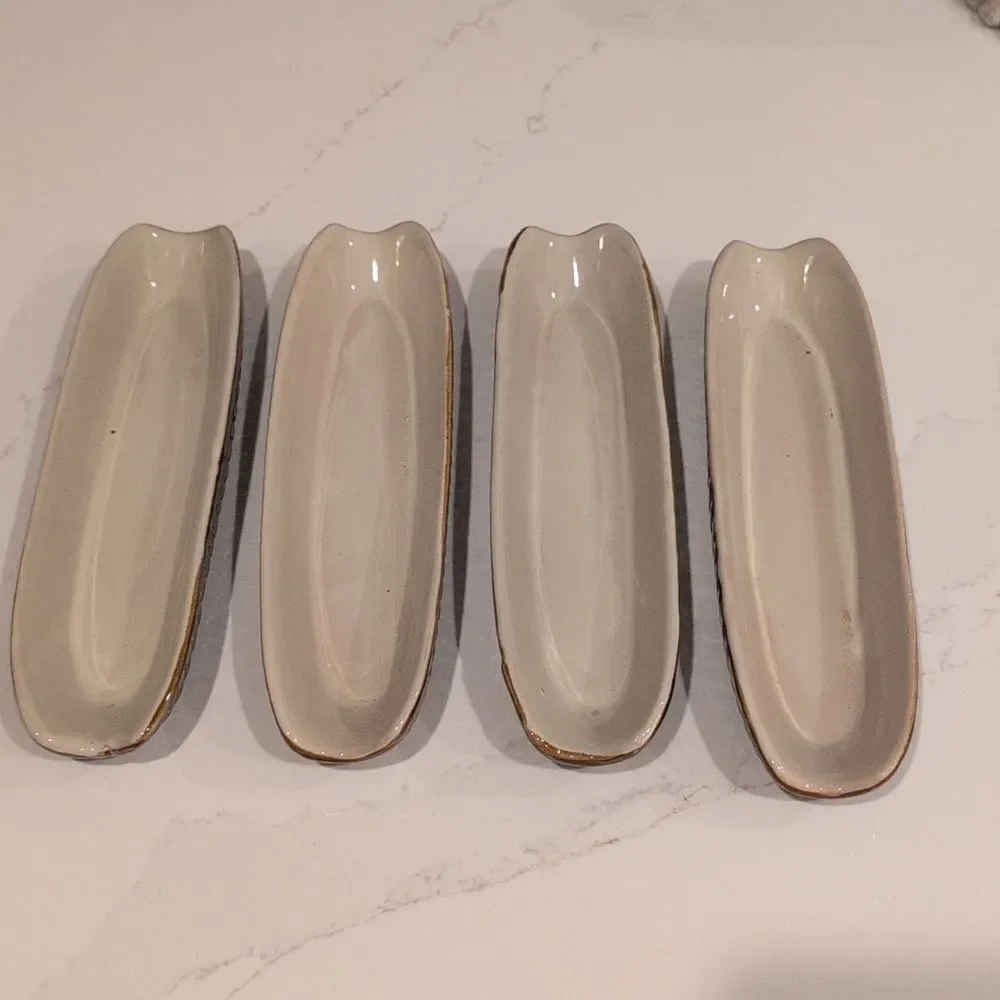 Vintage MCM Brown & Cream Ceramic Corn Dishes Set of 4